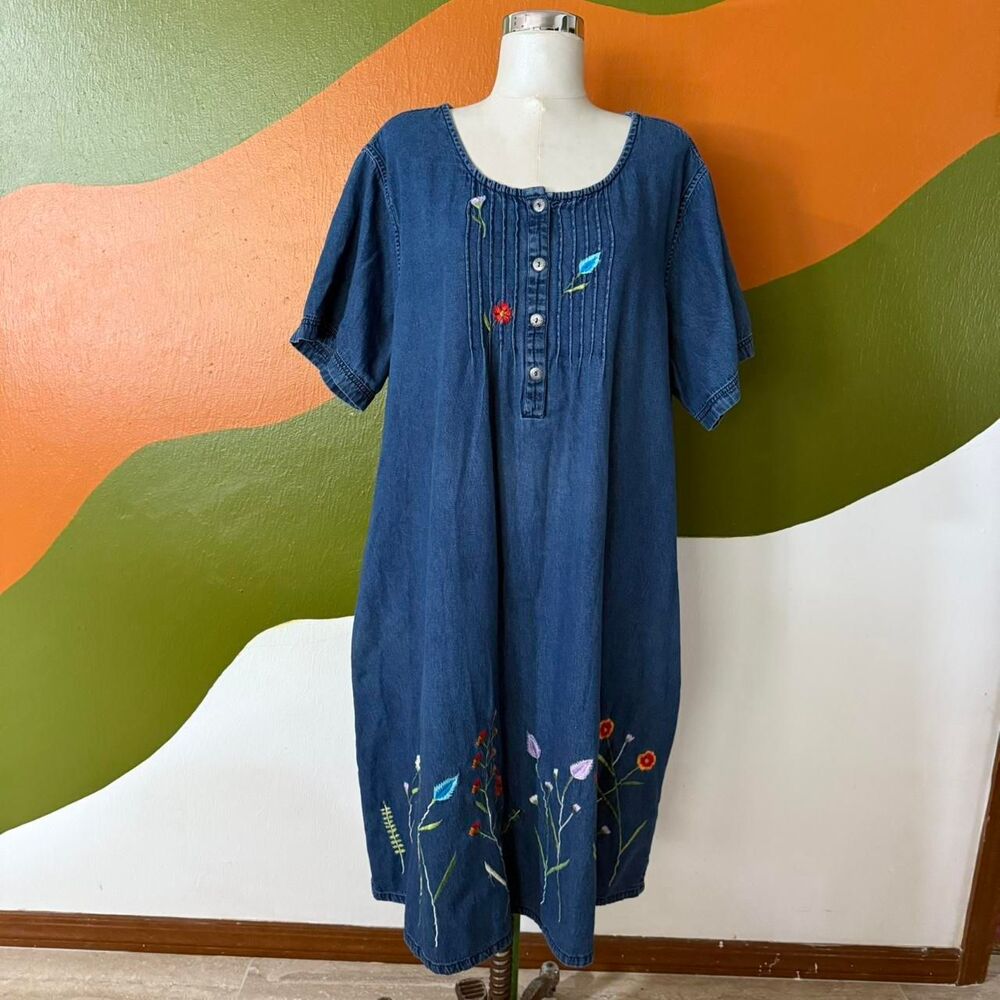 Vtg 90s Embroidered Denim Dress Plus Size 3X Cottagecore Floral Pintuck Cotton
